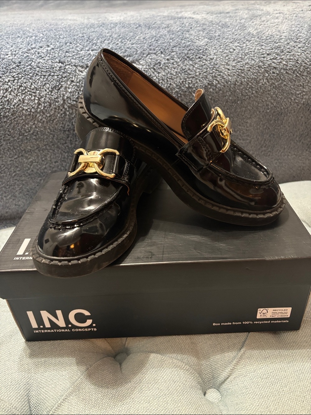 INC International Concepts Black Patent Loafers with Gold Bit